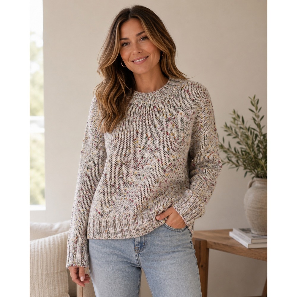 Seven7 Womens Confetti Pom Pom‎ Chunky Knit Sweater Cream Multicolored Small